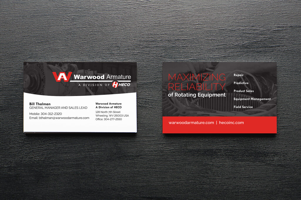 Business cards show the usage of the new logo lockup for the employees of Warwood Armature a Division of HECO.